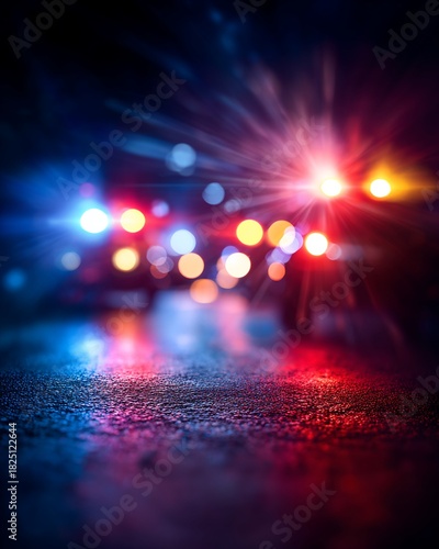 Abstract Blurred Police Car Lights at Night with Red and Blue Color Reflecting on Wet Asphalt Dark Background