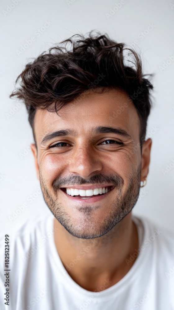 Fototapeta premium Happy young man with dark curly hair and beard smiles showing teeth looking directly at camera.