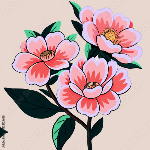 Minimalist Pink and Red Floral Bouquet Illustration on Cream Background