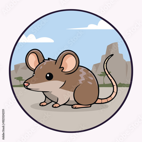 Cute Kilimanjaro Shrew (Crocidura Monax) Standing With Mountain Background, African Small Animal Character In Circular Badge Flat Design Style Vector Illustration