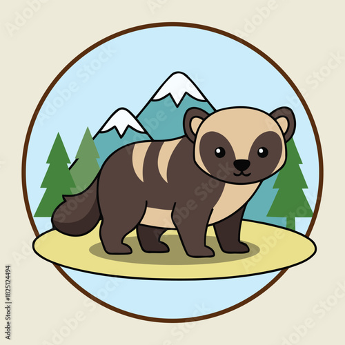 Cute Wolverine Standing with Mountain Forest Background Northern Predator Animal Character Vector Illustration