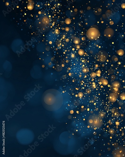 Abstract Dark Blue Background with Golden Bokeh Lights and Sparkles Festive Elegant Design