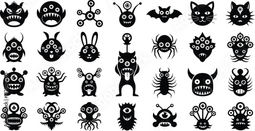 Cute monster silhouettes, funny creature icons, cartoon monster characters, Halloween monster set, spooky fantasy creatures, quirky alien designs vector