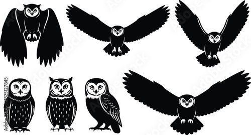 Owl silhouettes collection, flying and perched owl artwork, nocturnal bird illustration set, detailed wildlife graphic design for creative projects