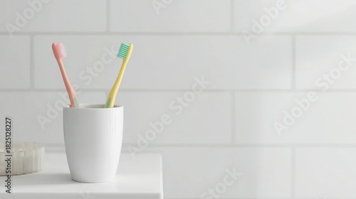 Two toothbrushes for a couple standing in a white cup. Minimalist daily dental hygiene concept on white subway tile background with copy space.