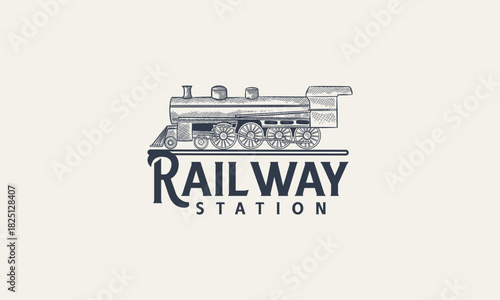 Locomotive logo illustration, vintage Railway Station hand drawn style emblem