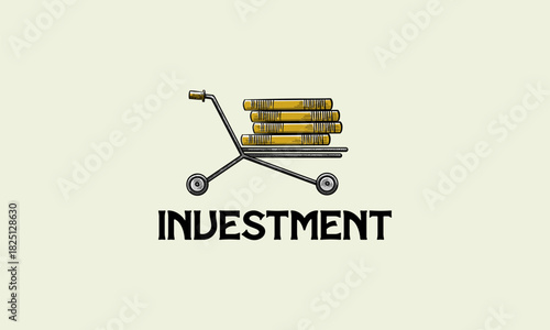 Hand drawn investment logo, Vintage Money coin and trolley logo template
