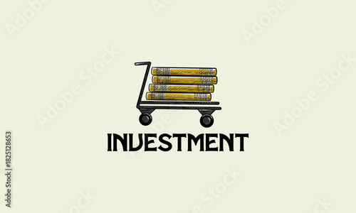 Hand drawn investment logo, Vintage Money coin and trolley logo template
