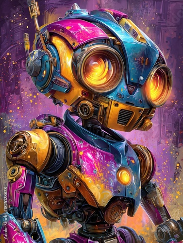 Close-up, hyper-detailed illustration of a futuristic robot head with a metallic faceplate and colorful blue purple mechanical components, rendered in a dynamic, high-contrast style.
