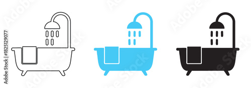 SET - Graphic illustration of bathtub with showerhead in black silhouette, blue and black outline variations. concept of bathroom design, home interior, plumbing icon, spa relaxation