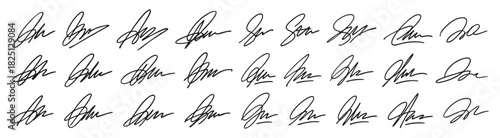 Set of different handwritten signatures with various pen styles isolated on white background, graphic illustration. Concept of autograph, identity, personal sign, hand lettering collection
