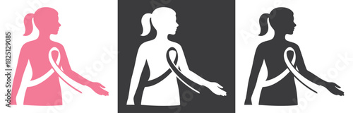 SET - Pink, white, and black silhouettes of women with breast cancer awareness ribbons. concept of health, awareness, support, fight against cancer, strong women, medical symbol