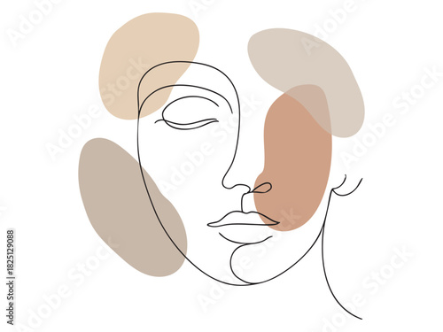 Minimalistic line art face with abstract color shapes, isolated on white background. concept of modern art, abstract portrait, contemporary design, creativity, elegance, decor
