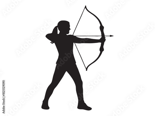 Silhouette of female archer in action with bow and arrow, isolated on white background. concept of sport, archery, precision, strength, athleticism, target practice