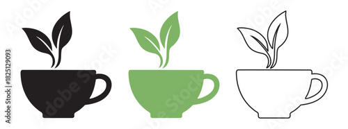 Trio of coffee or tea cups with sprouting leaves, black, green silhouette, and outline, on white background. concept of eco-friendly beverage, sustainability, nature, cafe, design element.