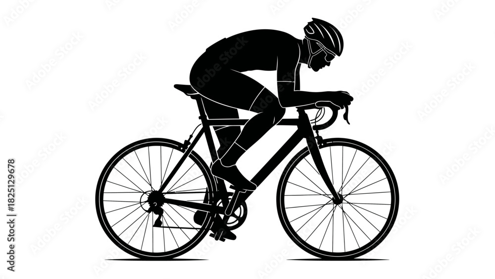 Obraz premium Silhouette of a cyclist in aerodynamic position on a road bike, focused on speed and performance.