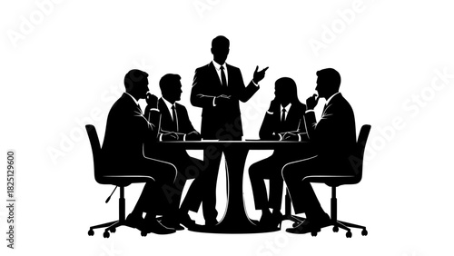 Silhouette of a business meeting with a leader addressing a group of colleagues around a table.