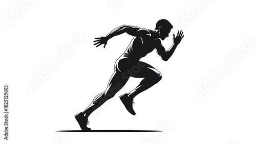 Silhouette of a muscular male athlete sprinting forward with determination and speed, showcasing power.