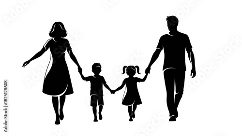 Silhouette of a family holding hands walking together.