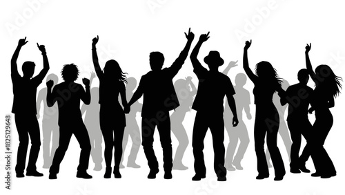 A crowd of people in silhouette dancing with their hands in the air at a party or concert.