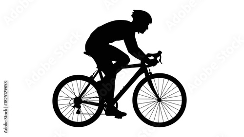Silhouette of a cyclist in full racing gear on a road bike, captured in a dynamic side profile against a white background.