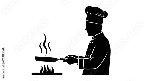 Black silhouette of a chef cooking with a frying pan over a stove with flames and steam.