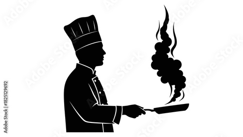 Silhouette of a chef in uniform cooking with a pan, smoke rising dramatically.