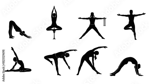Silhouettes of people performing various yoga and stretching exercises on a white background.