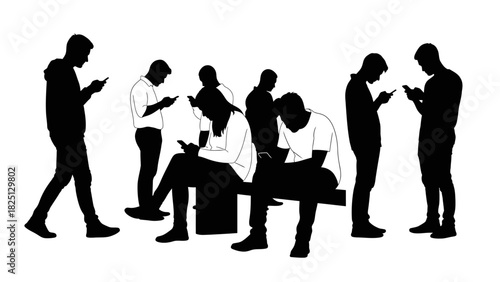 Silhouettes of a group of people absorbed in their smartphones, illustrating modern social isolation and digital addiction.