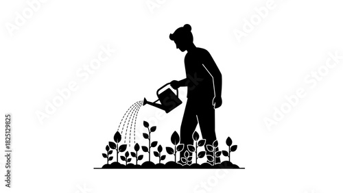 Silhouette of a person watering a row of small plants with a watering can, depicting gardening and growth.