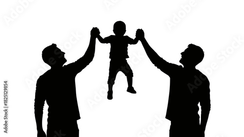Silhouette of two loving fathers lifting their happy child up between them against a white background.