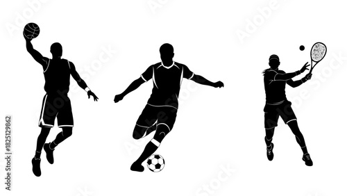 Silhouettes of athletes playing basketball, soccer, and tennis against a white background.