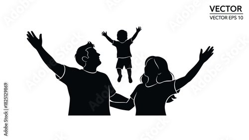 Silhouette of a happy family, father, mother, and child, with arms raised in celebration or joy.