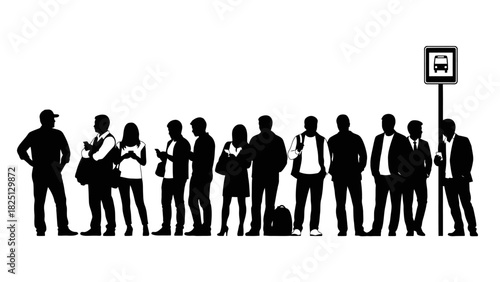 Silhouette of a group of people waiting at a bus stop, in black and white.