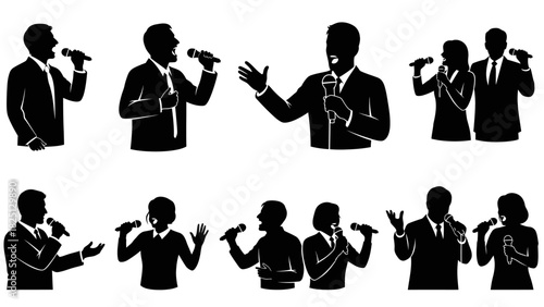 A collection of black silhouettes showing men and women speaking, singing, and presenting with microphones.
