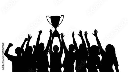 A silhouette of a group of people celebrating with a trophy held high in the air.