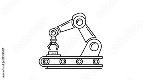 Line drawing of an industrial robot arm working on a conveyor belt.