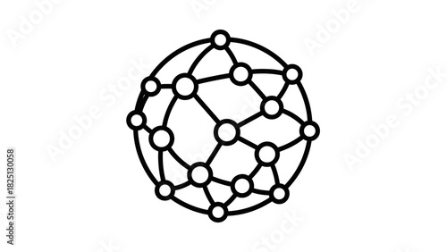 A minimalist black line art icon of a global network sphere with interconnected nodes on a white background.