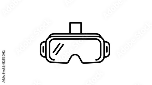 Outline drawing of a virtual reality headset with head strap.