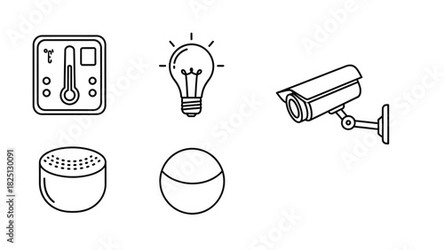 A set of five line art icons representing smart home technology devices like a thermostat, light bulb, security camera, smart speaker, and sensor.