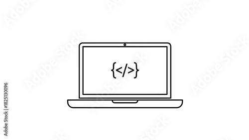 A simple line drawing of a laptop computer displaying code symbols on its screen.