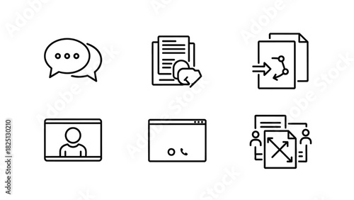 A collection of six modern line art icons representing communication, collaboration, and digital interaction.