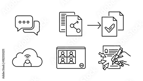 Line icons representing digital communication, document sharing, cloud services, video conferencing, and online form completion.