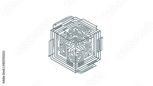A minimalist black and white line art illustration of a cube with intricate circuit board patterns on its faces.