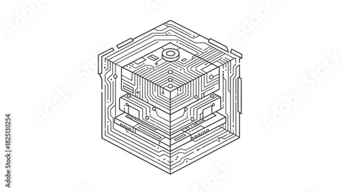 A detailed black and white isometric line drawing of a cube with intricate circuit board patterns on its surfaces.