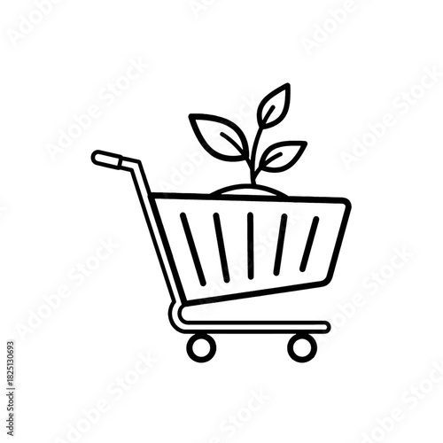 Shopping cart with a small green plant growing inside, symbolizing sustainable shopping, eco-friendly consumerism, and organic product choices, isolated on transparent background.