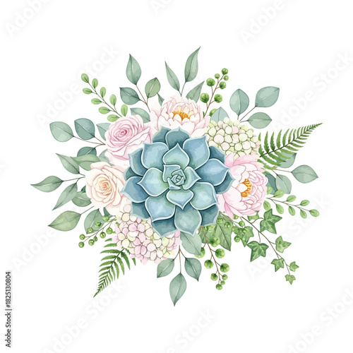 Watercolor Succulent and Rose Floral Arrangement