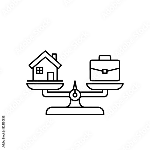 Work-life balance concept with house and briefcase on a scale, symbolizing career versus home priorities, isolated on transparent background.