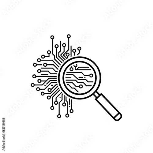 Magnifying glass examining a circuit board pattern, symbolizing technology analysis, digital investigation, and data exploration, isolated on transparent background.