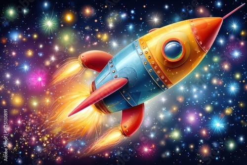 A colorful cartoon rocket soaring through a starry sky, surrounded by twinkling stars, with a bright, cheerful glow illuminating the scene
